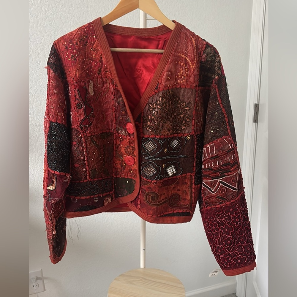 Bohemian vintage red patchwork jacket with extensive beading and embroidery